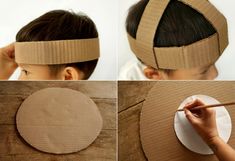 the process of making a cardboard headband for a child's hair is shown