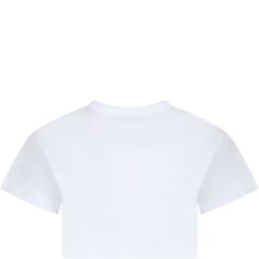 Color: White White T-shirt in cotton, short sleeves, crew neck, ribbed hem and sleeves. It is decorated with a silver logo. 100% Cotton. Washing machine at 30°. Basic Short Sleeve Tops With Logo Print, Basic Cropped T-shirt With Logo Print, American Fashion Designers, Crop T Shirt, Kenzo Kids, Silver Logo, Stella Mccartney Kids, White Crop, Crop Tshirt