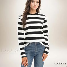 Lasaky - Premium Womens Casual Striped Long Sleeve T-Shirts with Crew Neck Tops - Fashionable and Comfortable Womens Apparel Trendy Striped Long Sleeve T-shirt, Womens Apparel, Casual Stripes, Crew Neck Top, Womens Casual, Long Sleeve T Shirts, Striped Long Sleeve, Polyester Material, Collar Styles