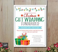 the christmas gift wrapping fundraiser flyer is displayed on a wooden table with presents and holly wreaths