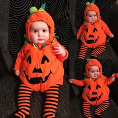 two babies dressed in halloween costumes sitting next to each other on a black couch, one baby is wearing a pumpkin costume