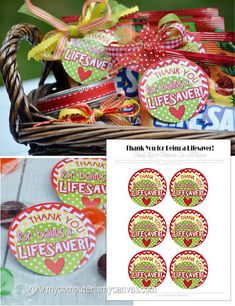 a basket filled with lots of stickers next to a sign that says thank you for being a lifesaver