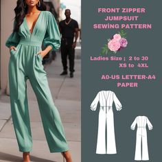 Bishop sleeve jumpsuit model with front zipper. There is no belt detail on the waist. Wide leg jumpsuit with double pleats on the trousers Available as an instant download (pdf) sewing pattern bundle with a range of size options, including plus sizes  ⭐US Sizes: 2, 4, 6, 8, 10, 12, 14, 16, 18, 20,22,24,26,28,30 ⭐Standard Sizes: XS, S, M, L, XL, 2XL,3XL,4XL ⭐These patterns are suitable for A4, A0, and US Letter size papers. ⭐Once your payment is processed, you will automatically receive download Womens Jumpsuit Pattern, Pola Jumpsuit, Dungaree Pattern, Jumpsuit Sewing Pattern, Jumpsuit Sewing, Jumpsuit Pattern Sewing, Zipper Jumpsuit, Sewing Instructions, Patterns Sewing