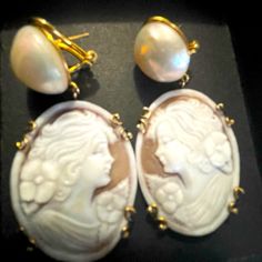 Gorgeous Large Cameo Pearl Clip Earrings In 14 K Plated Yellow Gold, Italy, Picture Of The Back Of The Earrings Noted As Well As The Back Shell Of Cameo.Beautiful Detail, Euc Luxury Oval Pearl Earrings, Formal Cameo Yellow Gold Earrings, Formal Yellow Gold Cameo Earrings, Luxury Oval Jewelry For Opera, Exquisite Yellow Gold Clip-on Earrings, Luxury Formal Clip-on Earrings With Cabochon, Luxury Cabochon Clip-on Earrings For Formal Occasions, Luxury White Oval Earrings, Gold Cameo Round Earrings