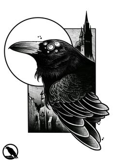 a black bird sitting on top of a piece of paper next to a clock tower