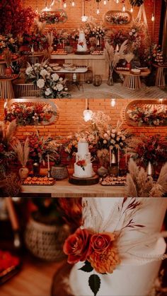 a wedding cake is displayed in front of a brick wall with candles and flowers on it