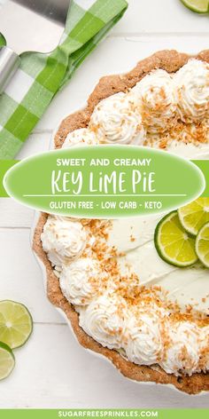 a key lime pie on a white table with limes around it and the words key lime pie