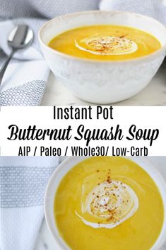 two bowls of butternut squash soup with text overlay that reads instant pot butternut squash soup