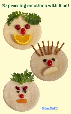 an image of some food made to look like clowns with fruit and vegetables on them