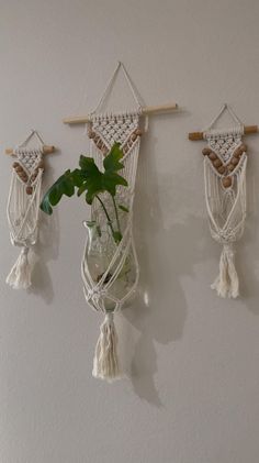 three macrame style wall hangings with plants in the middle and one holding a potted plant