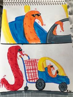 a drawing of an animal driving a shopping cart and another cartoon character riding a car