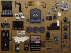 an assortment of jewelry and accessories displayed on a brown background with gold foiled lettering