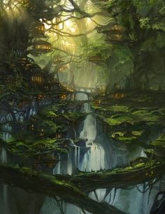 a painting of a waterfall in the middle of a forest with lots of trees and plants