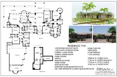 the plan for an open floor house with lots of windows and palm trees in it