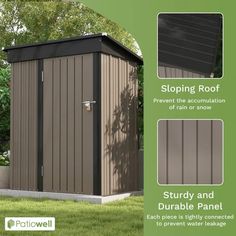 an outdoor storage shed with instructions on how to install the door and side panels for it