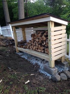 a firewood shed with logs stacked in it