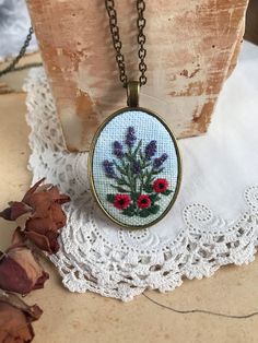 "This embroidered pendant is hand embroidered and hand-painted. Ready for shipment. Pendant size: 50x32mm / 1,97\"x1,26\" Chain Length: 70 cm / 27,56\" (default, I can change the length of the chain) Pendant comes in a gift bag. Surface of embroidery is protected from moisture and dirt by professional impregnate." Embroidered Poppies, Embroidered Pendant, Hand Painted Pendant, Rustic Necklace, Embroidered Roses, Jewelry Hand, Tea Roses, Oval Pendant, Chain Pendant