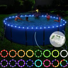 an above ground swimming pool with various colored lights around it and people in the water