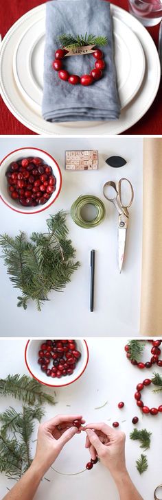 two pictures showing the process of making christmas wreaths