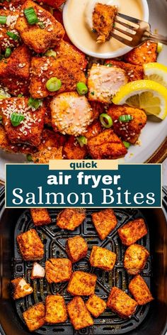 air fryer salmon bites with dipping sauce on top