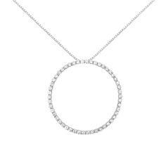 You can't go wrong with this simple and delicate circle pendant necklace. Crafted in cool sterling silver, this pendant features 4ct TDW of diamonds. 50 glistening round cut diamonds line this open circle pendant that dangles from a rope chain and secures with a spring ring clasp. Luxury Brilliant Cut Open Circle Jewelry, Luxury Silver Circle Necklace, Luxury Open Circle Diamond Necklace Fine Jewelry, Luxury Silver Circular Necklace, Luxury Open Circle Diamond Necklace, Luxury Elegant Open Circle Diamond Necklace, Luxury Silver Open Circle Jewelry, Hoop Necklace, Circle Pendant Necklace