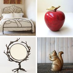 there are four different types of decorative items in this photo, including an apple and a squirrel statue