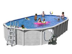 an above ground swimming pool with people in it