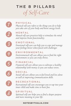 An infographic of the eight pillars of self-care that includes physical ,mental, emotional, environmental, financial, social, recreational and its spiritual self care; Black and red text over off-white background Self Care Positive Thoughts, Self Care Areas, Self Care Therapy Activity, How To Practice Self Care, Self Care Decor, Benefits Of Self Care, Extreme Self Care, Acts Of Self Care, Ways To Take Care Of Yourself