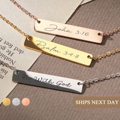 "Christian Necklace Jewelry for Women Christian Custom Bible Verse Necklace Gifts Bible Quote Dainty December Birthday Gift For Woman Timeless and effortless, our classic bar necklace is perfect for religious inscriptions. Proudly celebrate your faith by personalizing the pendant with bible verses, perfect for custom Christian necklaces, custom faith necklaces, and baptism gifts. The minimalist qualities will add just the right amount of shine to any outfit, making it perfect for daily wear and Christian Necklaces, Verse Necklace, Bible Jewelry, Bible Verse Necklace, Christian Accessories, Scripture Quote, January Birthday Gifts, Custom Bible, Christian Bracelets