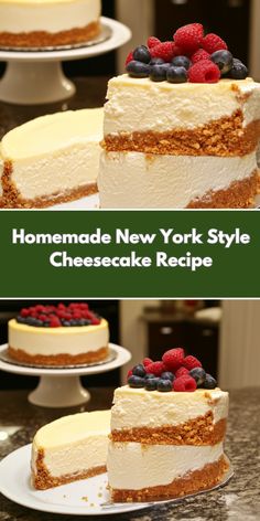 two pictures of cheesecakes with berries on top and the same cake in front