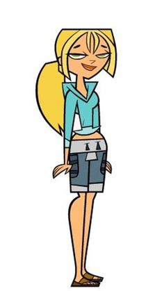 a cartoon girl with blonde hair and blue shirt standing in front of a white background