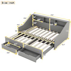 an image of a bed frame with drawers in the bottom and bottom section showing measurements