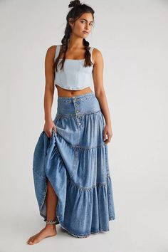 Dreamweaver Maxi Skirt | Free People Casual Summer Maxi Skirt With Frayed Hem, Casual Tiered Skirt With Button Closure, Summer Tiered Skirt With Buttons, Summer Denim Tiered Maxi Skirt, Denim Tiered Maxi Skirt For Summer, Spring Maxi Skirt Outfit, Boho Skirt Pattern, Maxi Skirt Outfit, Spring Skirt Outfits