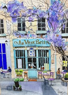 a watercolor painting of people sitting at tables in front of a building with purple flowers