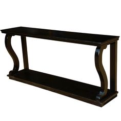 a black console table with two shelves on each side