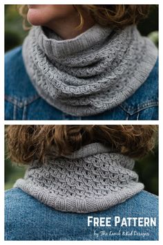 two pictures of a woman wearing a gray cowl with the words free pattern on it