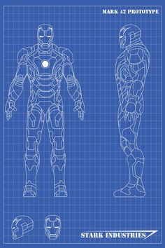 a blueprinted drawing of the iron man suit from the movie, stark industries