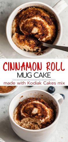 healthy cinnamon roll microwave mug cake recipe in a white bowl with spoons on the side