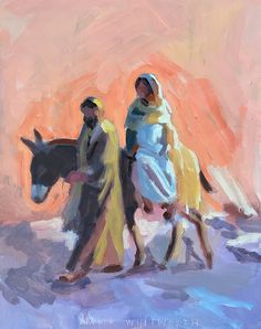 an oil painting of two people walking with a donkey in front of a pink sky