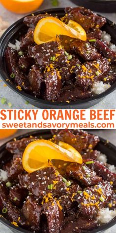 two plates filled with sticky orange beef and white rice, garnished with an orange slice