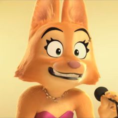 a cartoon character holding a microphone in front of a person wearing a bunny suit and pink dress