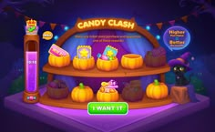 the candy clash game is being played on an interactive stage with lots of items and decorations