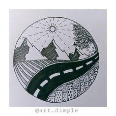 a black and white drawing of a road in the middle of mountains with trees on each side