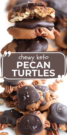 chocolate covered pecan turtles are stacked on top of each other with pecans in the middle