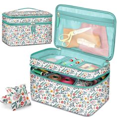 an open suitcase with sewing supplies in it