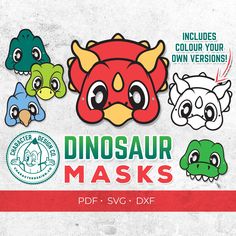 PRINTABLE DINOSAUR MASKS ----------------------------------------- These masks are amazing to get the kids into the dinosaur spirit and give them hours of fun! There are 5 unique mask designs, each available to print as a full colour version and a black and white colour your own version. They are included in PDF for standard printing and SVG / DXF if you have a print and cut machine like a Cricut so you don't need to cut the masks out by hand. All masks are included in Letter and A4 sizes. FULL Dinosaur Mask Printable Kids, Dinosaur Mask Printable, Dinosaur Masks, Dino Masks, Toddler Organization, Dinosaur Mask, Dinosaur Printables, Printable Masks, Unique Masks