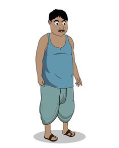 a cartoon man with dark hair and blue tank top standing in front of a white background