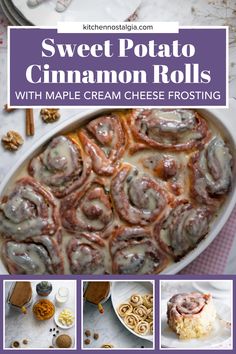 sweet potato cinnamon rolls with maple cream cheese frosting in a casserole dish