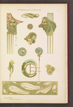 an old book with art nouveau designs on the front and back cover, including two women's heads