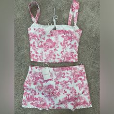 Beginning Boutique Pink & White Set Both Pieces Are Size 4 And Nwt If You Would Like To Purchase Just The Top Or Just The Skirt, Please Message Me Both Pieces Were Originally Bought For $104 Cute Pink Beach Sets, Pink Floral Print Mini Bottoms, Fun Pink Playwear Sets, Silver Maxi Dress, Pink Floral Print One-piece Beachwear, Pink Floral Print Playwear Sets, Dusty Pink Dresses, Red Corset, Amanda Uprichard Dress